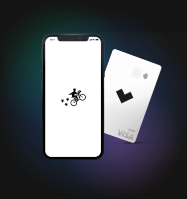 Postmates app and Starship card on a black background.